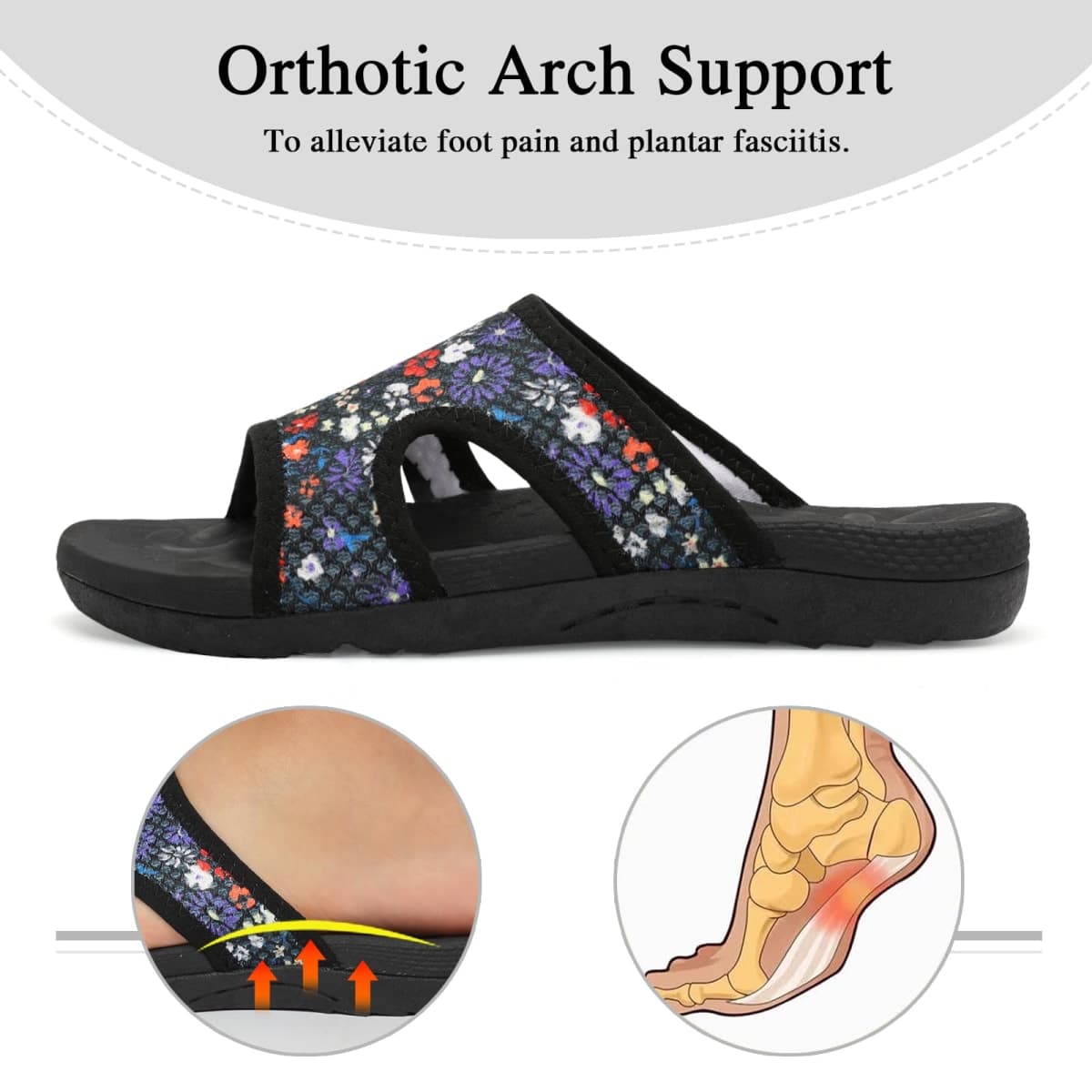 LeIsfIt Womens Sandals Arch Support Slide Sandals Comfort Plantar Fasciitis Sandals Flat Sandals Ladies Soft Cushion Slippers Sandals for Indoor Outdoor, Black Flower, 8.5 thumbnail 4