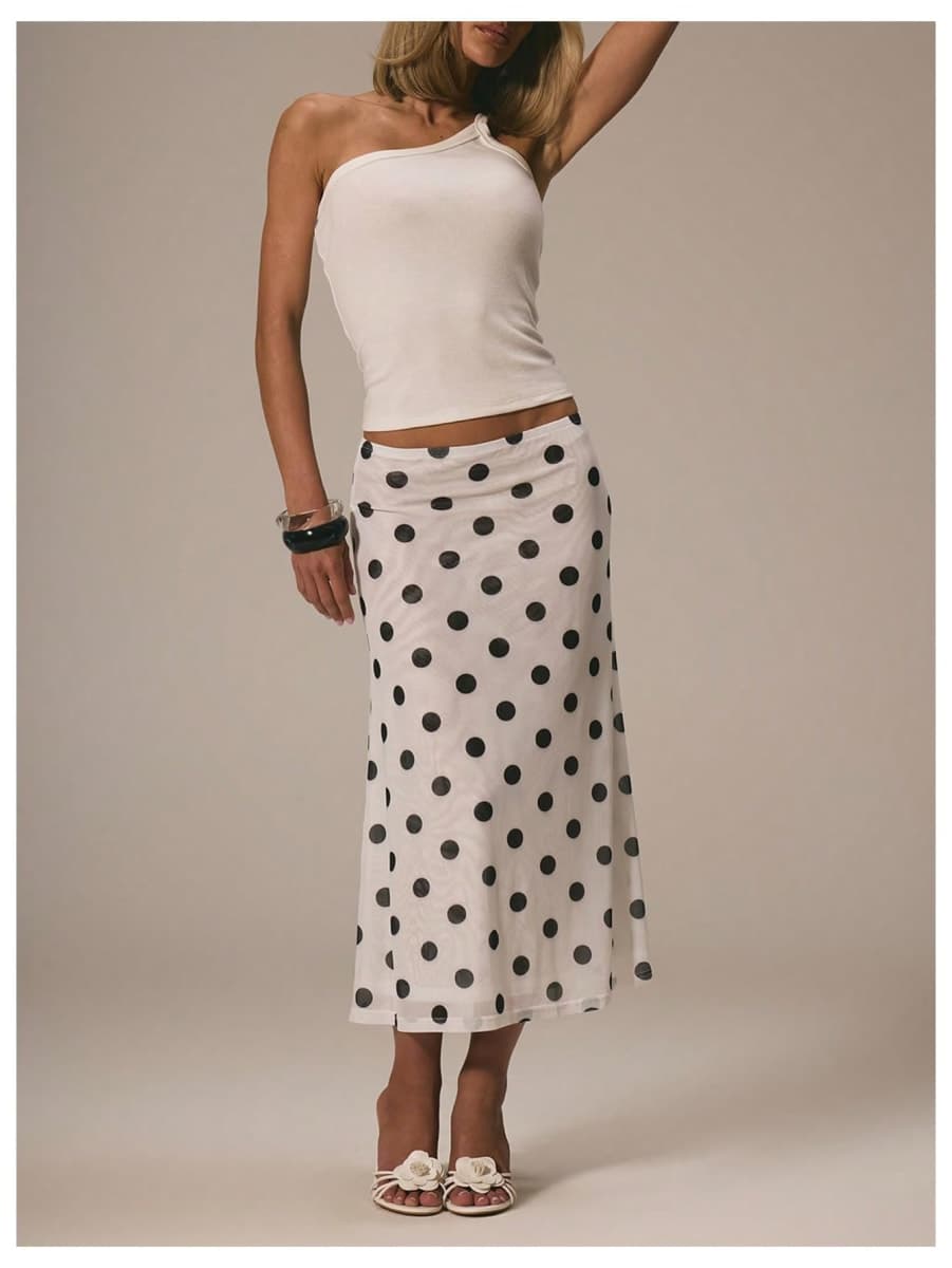 MakeMeChic Women's Polka Dots Skirt Summer Mesh Flowy Midi Skirts, White, Large thumbnail 3