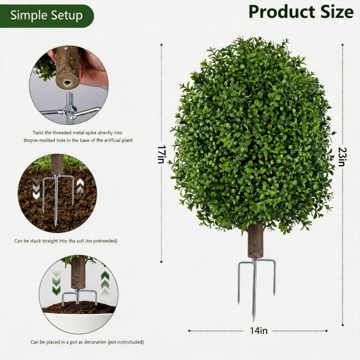 INSPRING 24" Artificial Boxwood Topiary Trees Outdoor Fake Bushes Plants UV Resistant Evergreen Shrubs with Metal Ground Spike for Porch Patio Garden, 1 Pack thumbnail 2