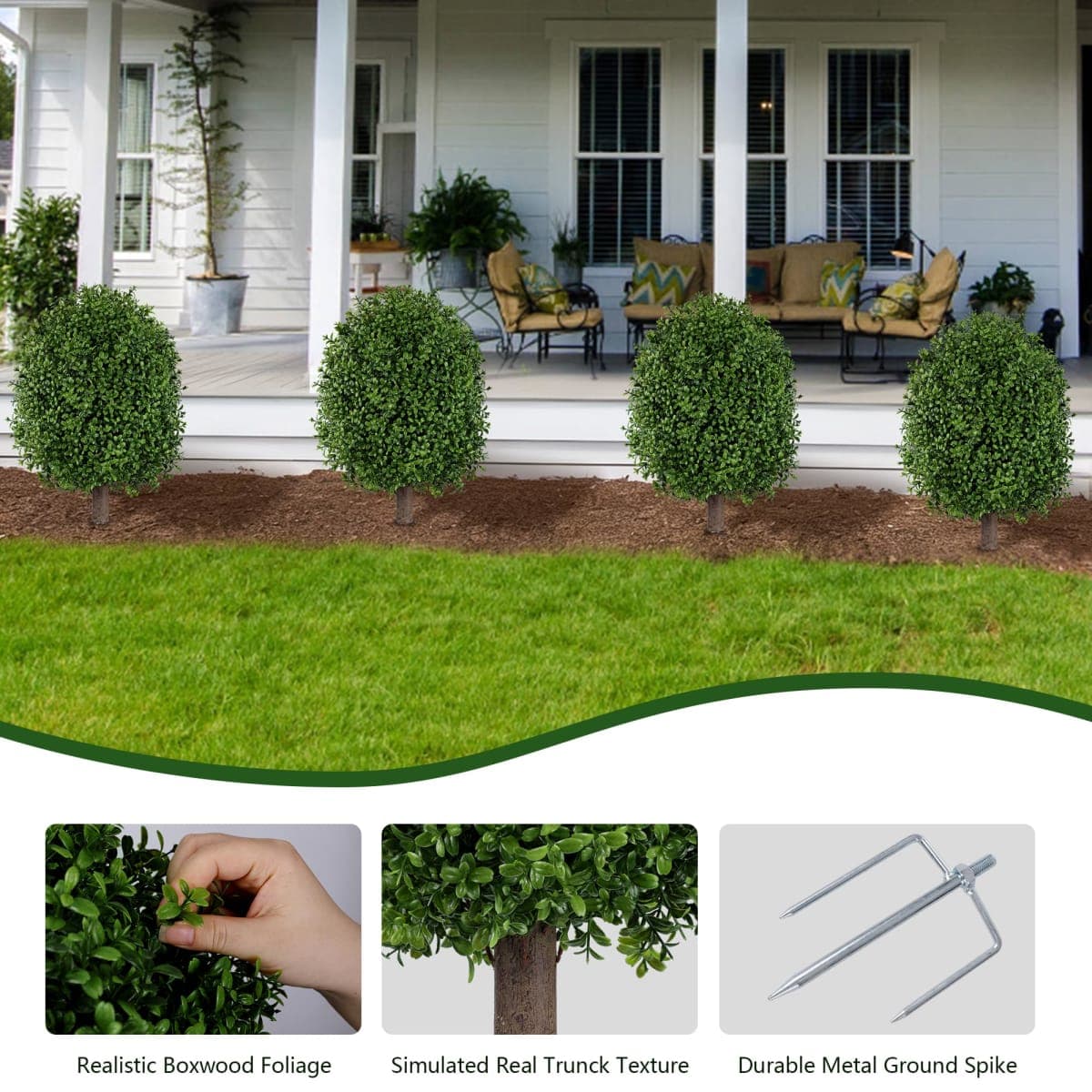 INSPRING 24" Artificial Boxwood Topiary Trees Outdoor Fake Bushes Plants UV Resistant Evergreen Shrubs with Metal Ground Spike for Porch Patio Garden, 1 Pack thumbnail 3