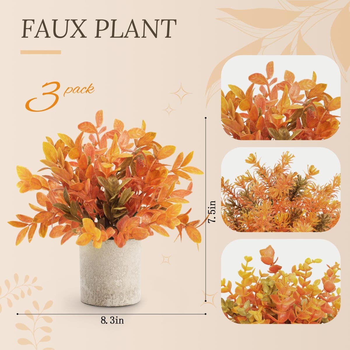 Der Rose 3 Pack Fake Plants Warm Orange Faux Plants for Fall Table Decor thumbnail 3