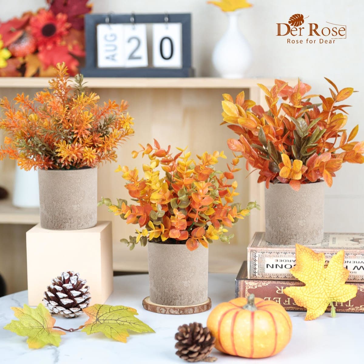 Der Rose 3 Pack Fake Plants Warm Orange Faux Plants for Fall Table Decor thumbnail 5