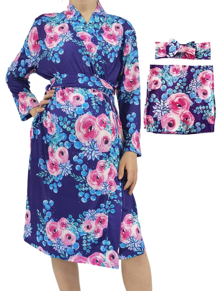 SUFEINI Maternity Robe with Matching Swaddle Set, Mommy Me Swaddle Set Maternity Bathrobe Labor Nursing Delivery Gown, B07-purple Flower, Large — image 1