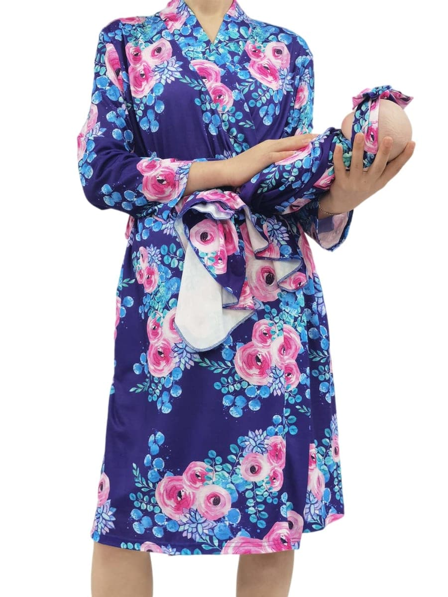 SUFEINI Maternity Robe with Matching Swaddle Set, Mommy Me Swaddle Set Maternity Bathrobe Labor Nursing Delivery Gown, B07-purple Flower, Large thumbnail 5