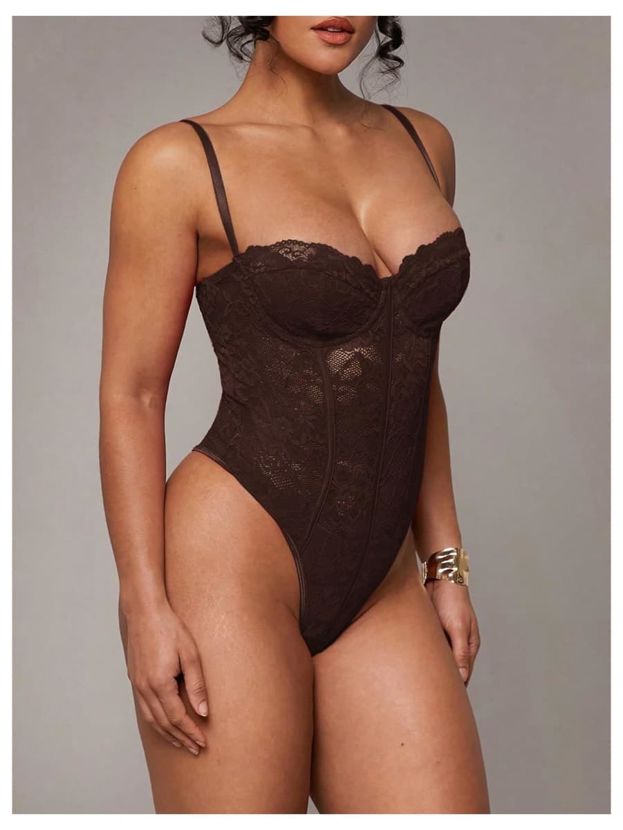 Milumia Women's Floral Lace Corset Bodysuit Sexy Sheer Spaghetti Strap Party Club Cami Tops, Coffee Brown, Small thumbnail 2