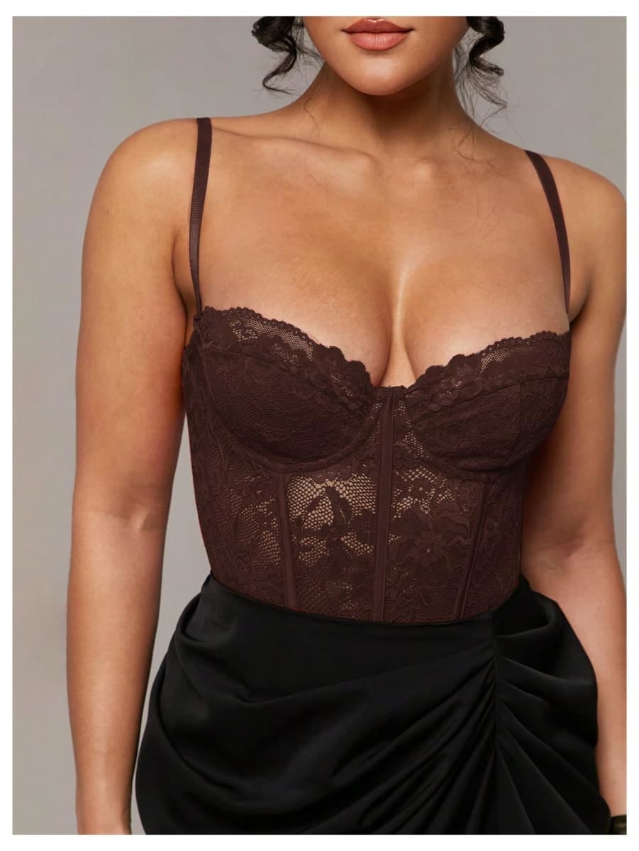 Milumia Women's Floral Lace Corset Bodysuit Sexy Sheer Spaghetti Strap Party Club Cami Tops, Coffee Brown, Small thumbnail 3