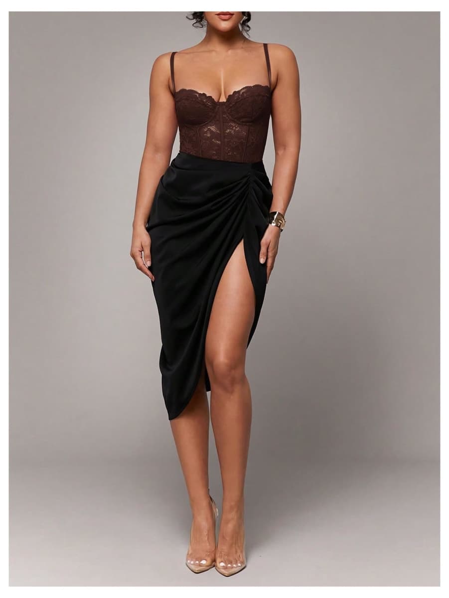Milumia Women's Floral Lace Corset Bodysuit Sexy Sheer Spaghetti Strap Party Club Cami Tops, Coffee Brown, Small thumbnail 4