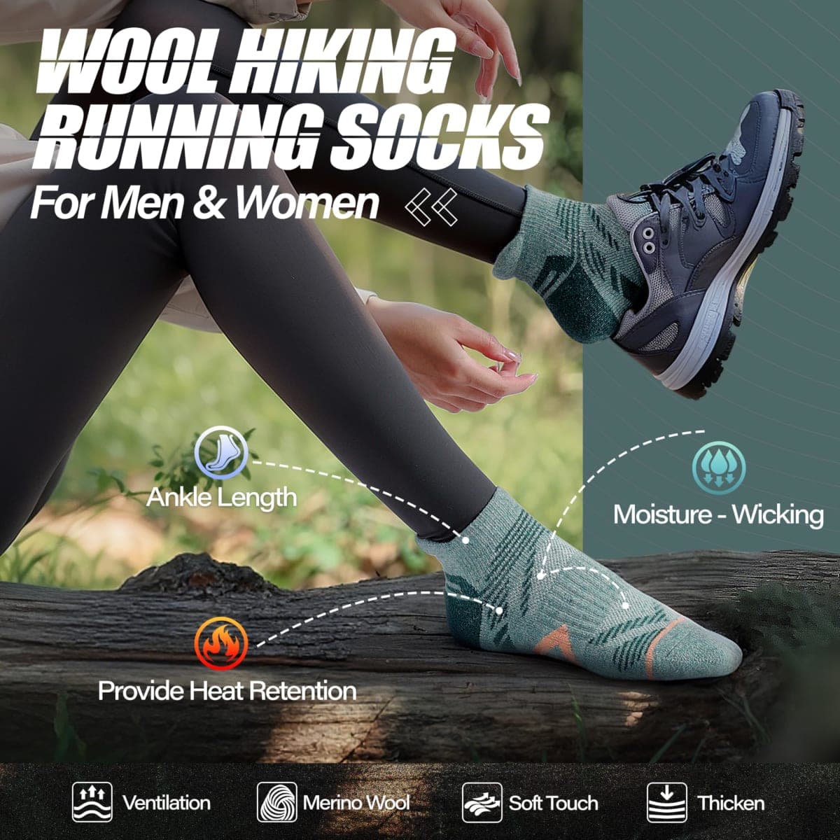 ANTSANG Merino Short Hiking Socks Sneaker Socks Warm Wool Socks Thick Wool Running Socks Compression Sports Socks Thermal Socks Gifts Winter Socks for Men Women 6 Pairs, Light colour combination, thumbnail 2