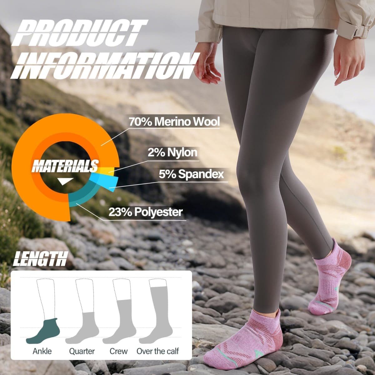 ANTSANG Merino Short Hiking Socks Sneaker Socks Warm Wool Socks Thick Wool Running Socks Compression Sports Socks Thermal Socks Gifts Winter Socks for Men Women 6 Pairs, Light colour combination, thumbnail 5