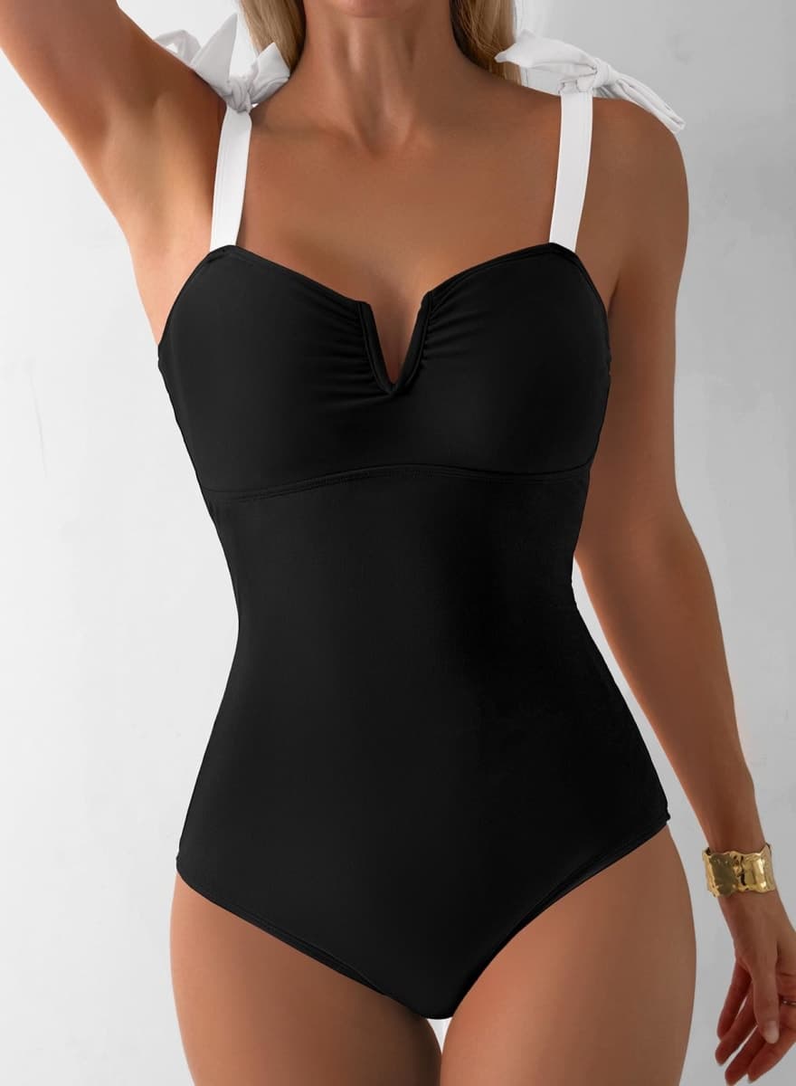 Aleumdr Retro One Piece Swimsuit for Women Tummy Control Bathing Suits V Neck Boho Tie Shoulder Color Block Monokini Swimming Athletic Swimwear Black Large thumbnail 2
