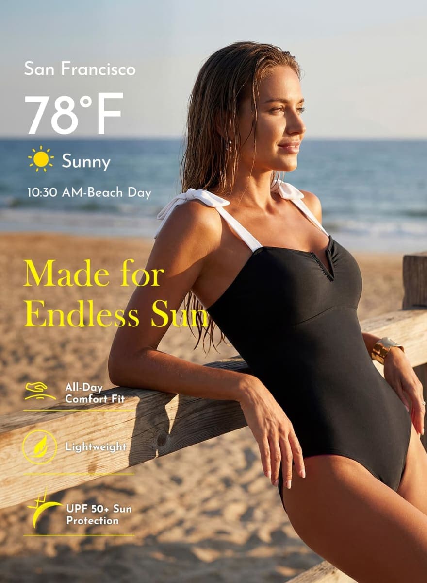Aleumdr Retro One Piece Swimsuit for Women Tummy Control Bathing Suits V Neck Boho Tie Shoulder Color Block Monokini Swimming Athletic Swimwear Black Large thumbnail 4