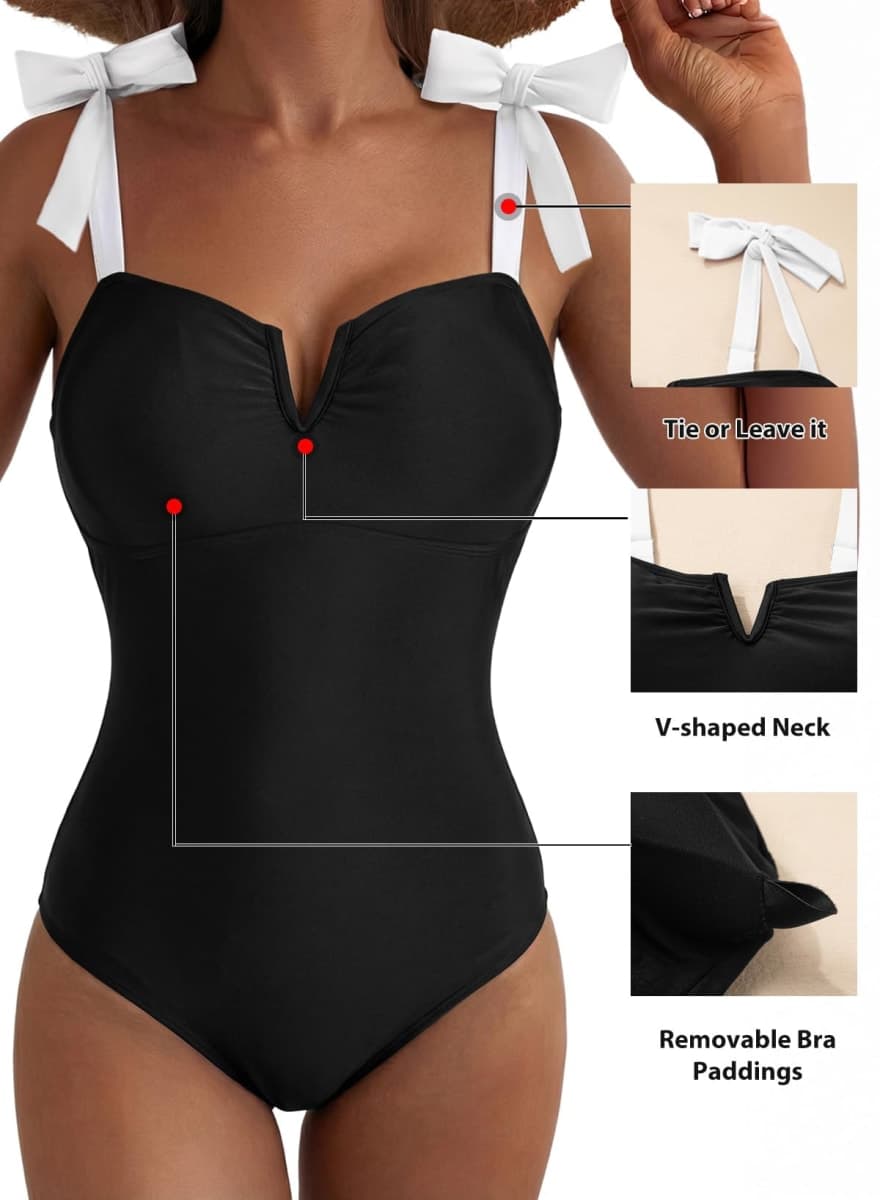 Aleumdr Retro One Piece Swimsuit for Women Tummy Control Bathing Suits V Neck Boho Tie Shoulder Color Block Monokini Swimming Athletic Swimwear Black Large thumbnail 5