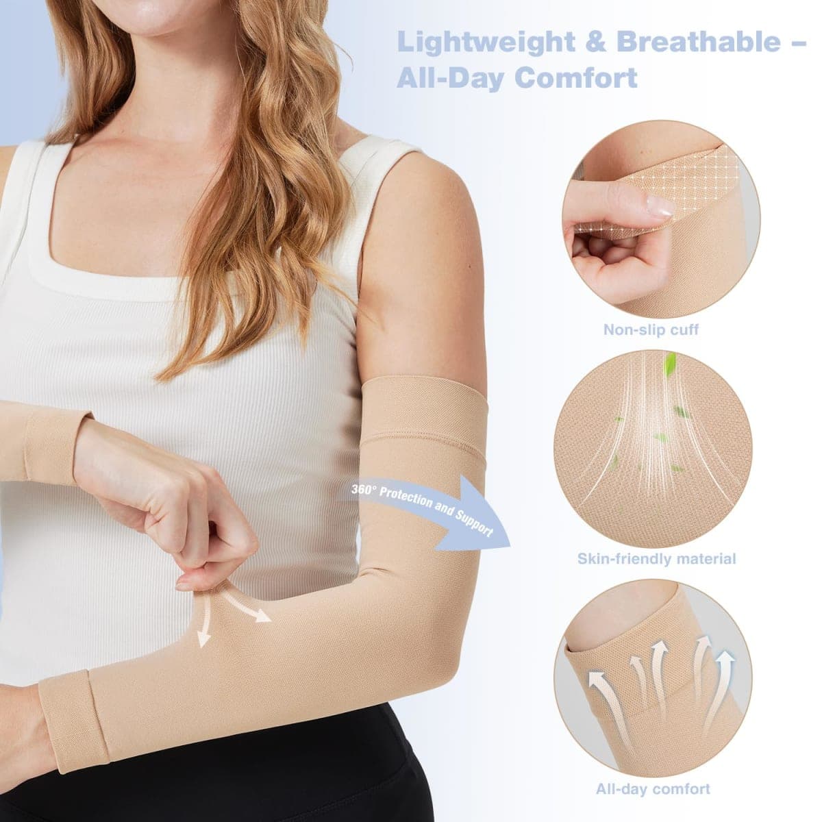 Lymphedema Compression Arm Sleeves for Women, 15-20 mmHg Graduated Compression Full Arm Support for Swelling Relief, Edema, Improved Circulation & Daily Recovery, Beige, Small thumbnail 4