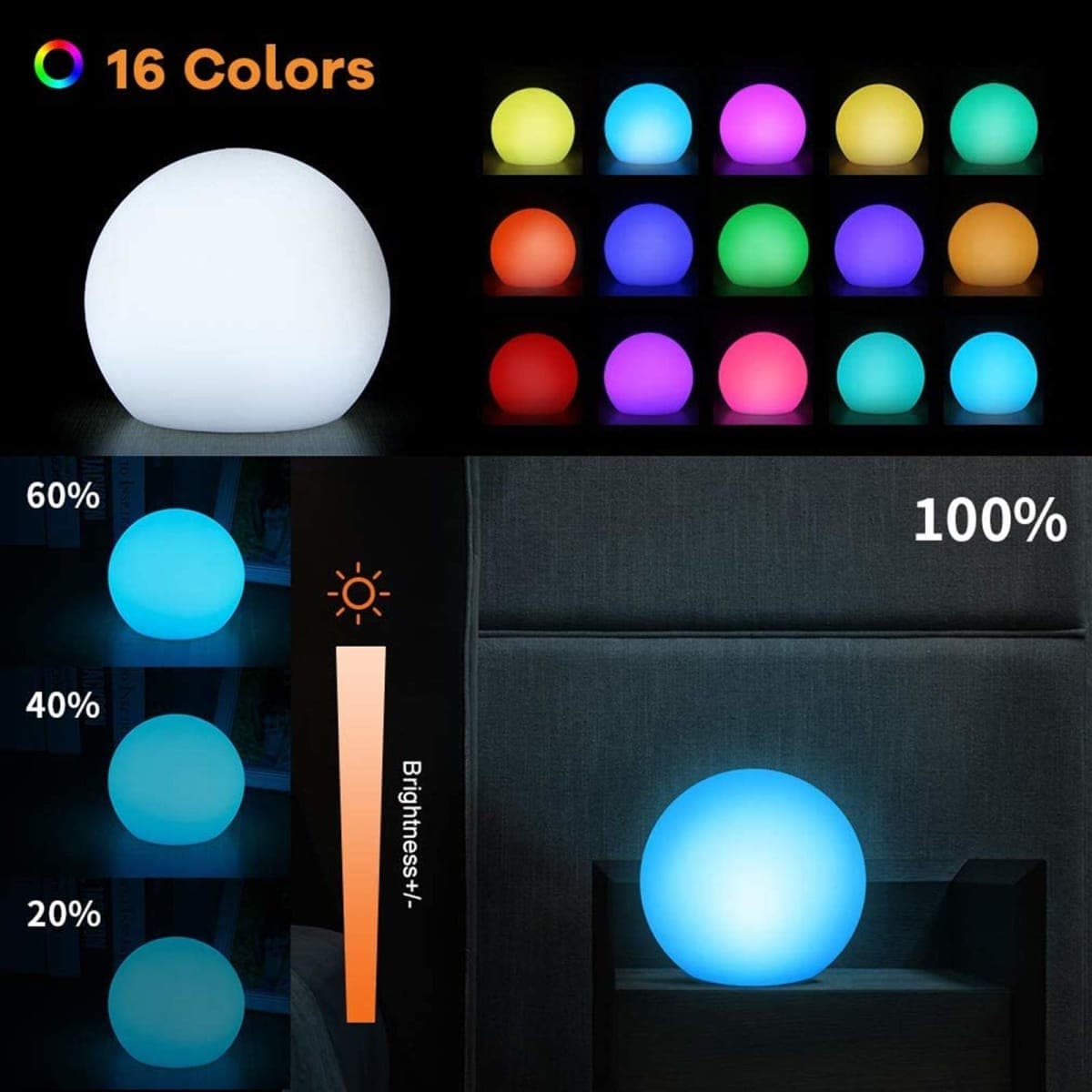 Borelor LED Ball Light, 8-Inch Rechargeable & Remote Control Globe Lights 16 RGB Colors Changing Indoor/Outdoor Night Light for Home/Party/Lawn/Desk Decoration thumbnail 2