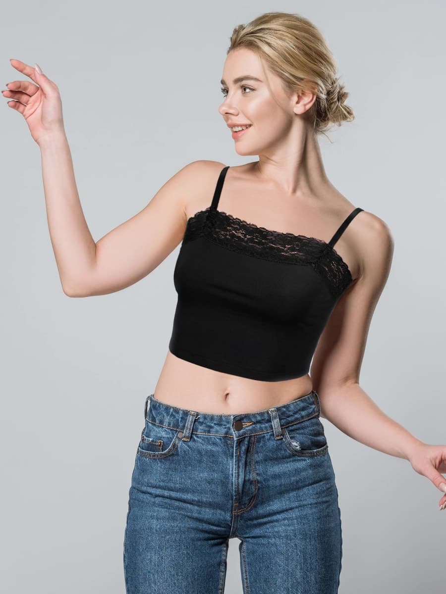 Bencailor 4 Pcs Women's Lace Cami Top Bralette Spaghetti Strap Tank Top Cleavage Cover Camisole Crop Bandeau(M,Black, Gray, Beige, White) thumbnail 3