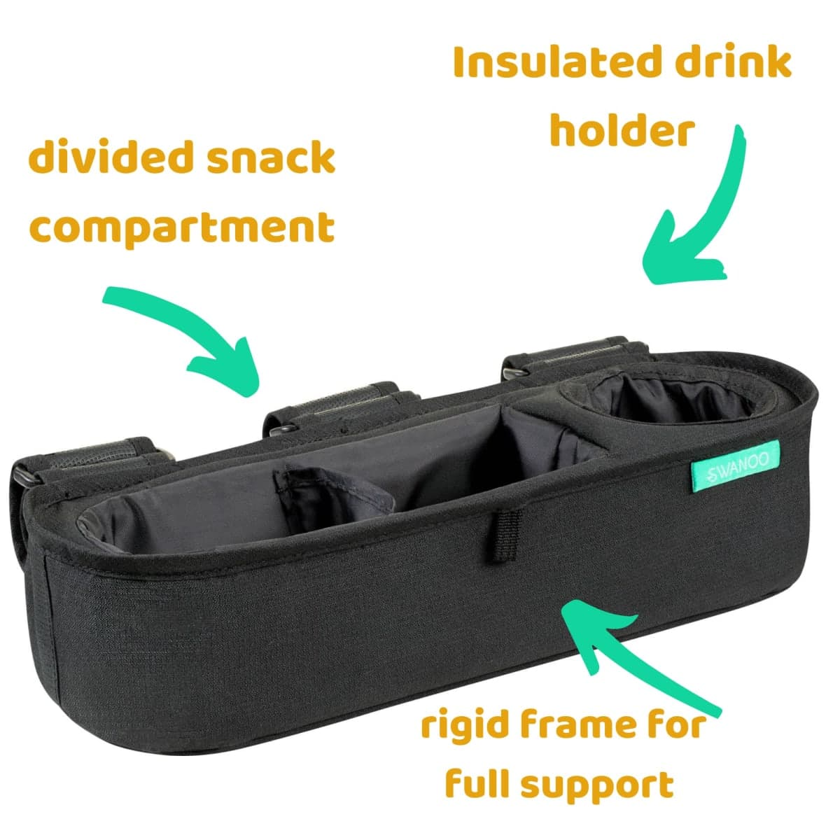 Universal Stroller Tray With Insulated Sippy Cup Holder - Upgraded Rigid Frame Stays Upright - Exclusive Non-Slip Straps Firmly Grip Bar - Snack Tray Attachment thumbnail 3