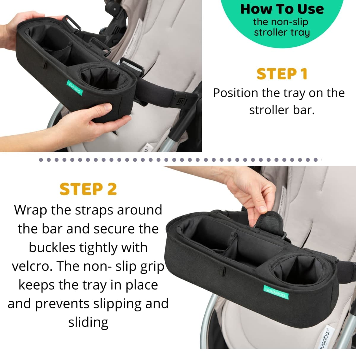 Universal Stroller Tray With Insulated Sippy Cup Holder - Upgraded Rigid Frame Stays Upright - Exclusive Non-Slip Straps Firmly Grip Bar - Snack Tray Attachment thumbnail 5