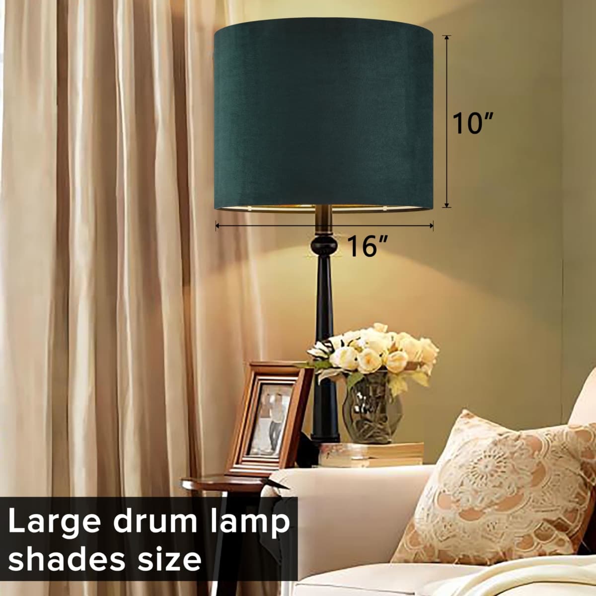 Green Velvet Lampshades Set of 2 Large Drum Lamp Shade 16" Top x 16" Bottom x 12" High (Spider) Modern Lamp Shade - Ideal for Table & Floor Lamps - Lampshades Replacement - By GO&SO thumbnail 4
