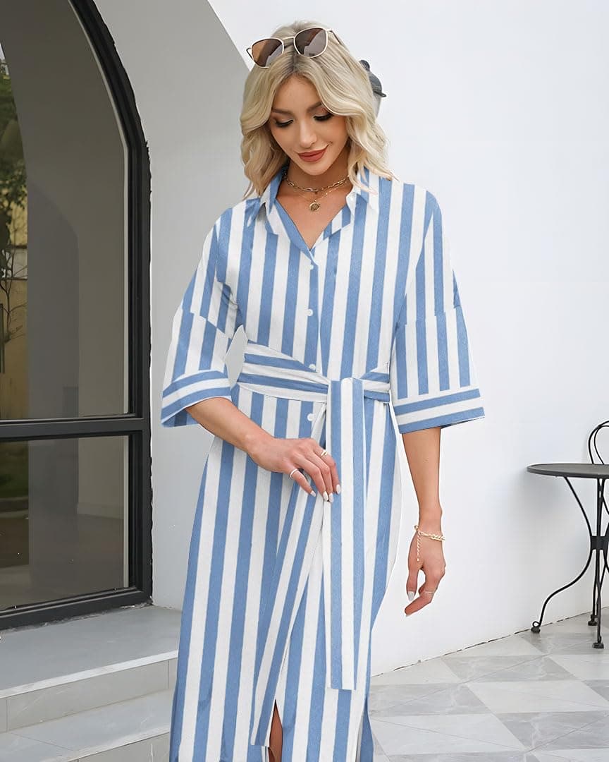 Womens Summer Dresses Striped Lapel Cotton Fall Maxi Dress Split Belted, Widestripedblue, Medium thumbnail 3