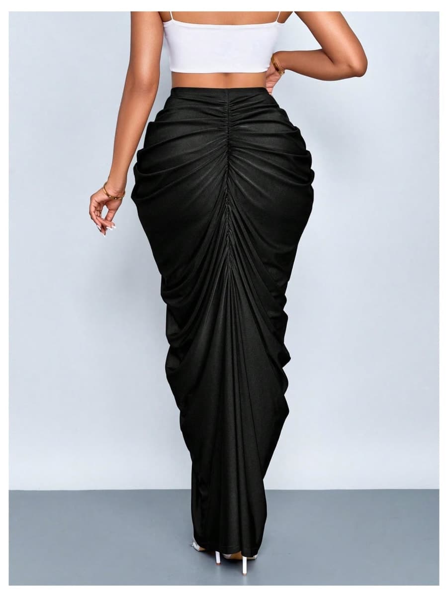 WDIRARA Women's Skirt Ruched High Waisted Bodycon Maxi Skirts Cocktail Party Outfits Black X-Large thumbnail 2