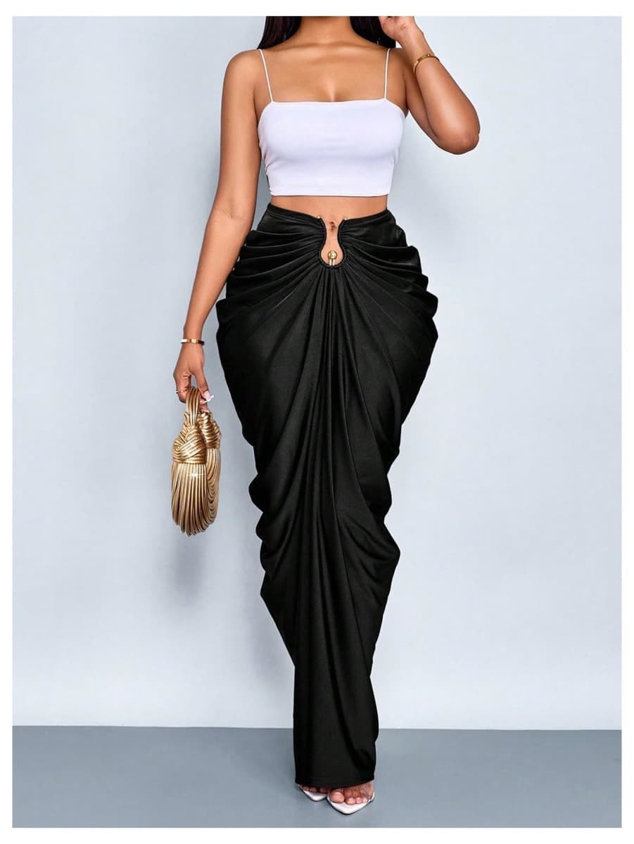 WDIRARA Women's Skirt Ruched High Waisted Bodycon Maxi Skirts Cocktail Party Outfits Black X-Large thumbnail 4