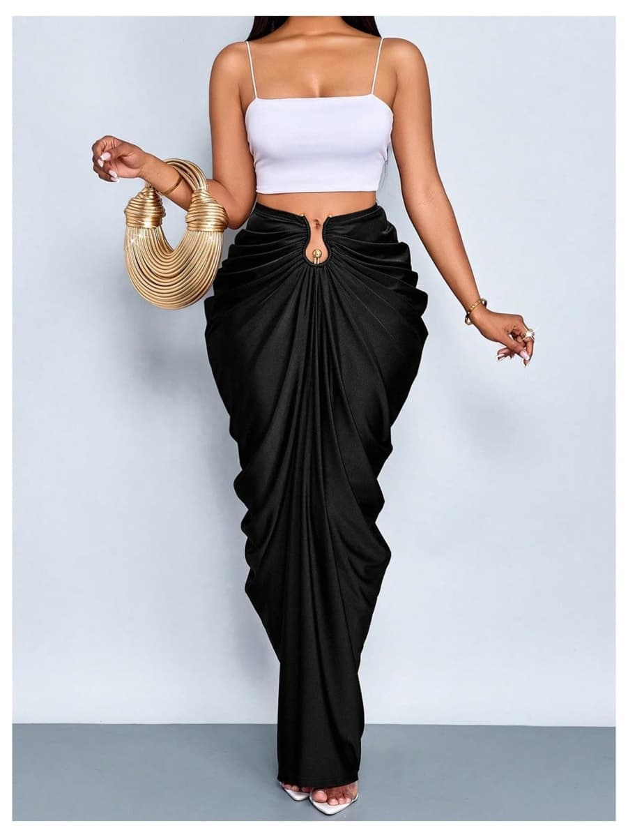 WDIRARA Women's Skirt Ruched High Waisted Bodycon Maxi Skirts Cocktail Party Outfits Black X-Large thumbnail 5
