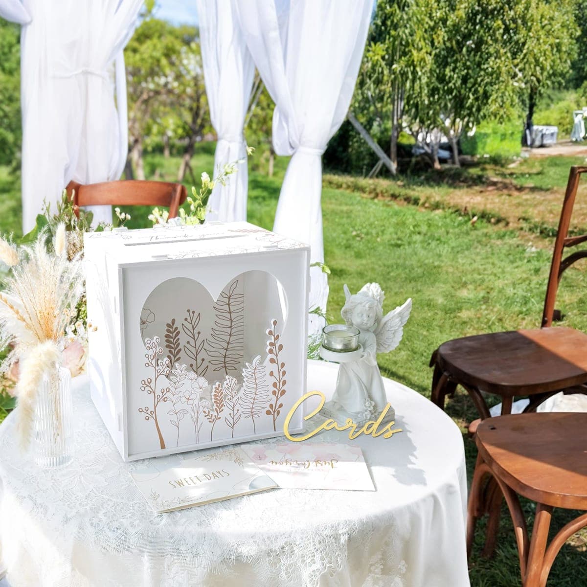 OurWarm PVC White Card Box for Wedding Reception, Large Wedding Envelope Money Cards Box for Party with Heart Acrylic Window, Flower Pattern Gift Card Holder for Graduation Birthday Baby Shower Decor thumbnail 2