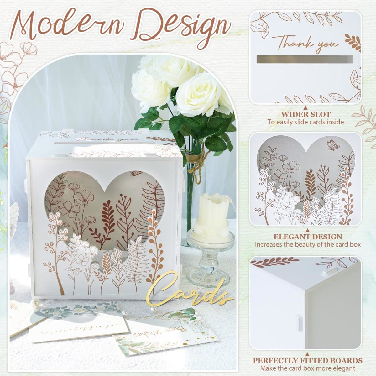 OurWarm PVC White Card Box for Wedding Reception, Large Wedding Envelope Money Cards Box for Party with Heart Acrylic Window, Flower Pattern Gift Card Holder for Graduation Birthday Baby Shower Decor thumbnail 4