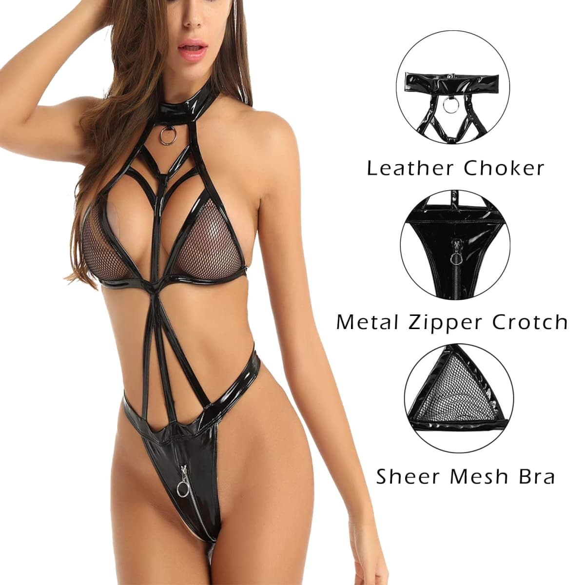 Sxglamr Women's Wet Look Lingerie Set, Backless Leather Bodysuit Metal Tassel Chain Sleepwear Clubwear, Black, Small thumbnail 3