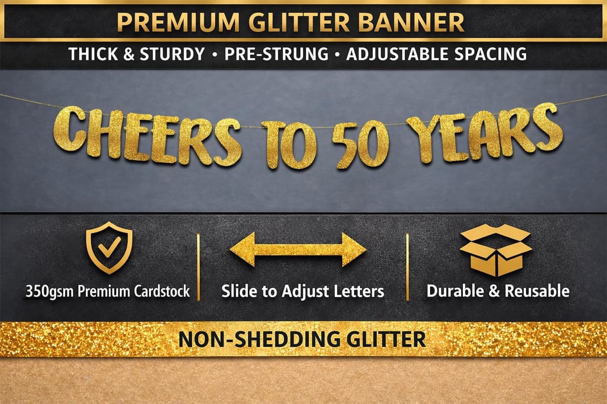 Pre-Strung Cheers to 50 Years Gold Glitter Banner - 50th Birthday and Anniversary Decorations for Men and Women - Party Supplies, Wall Decorations and Celebration Gifts thumbnail 4