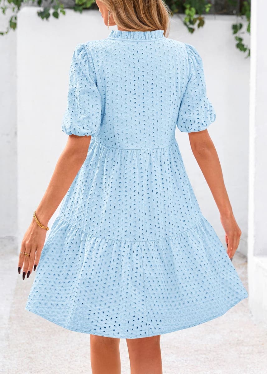 KIRUNDO Eyelet Summer Dresses for Women 2026 Mini Casual Hollow Out Short Sleeve Lace Tiered V Neck Shift Dress Pockets, Light Blue, Small thumbnail 2