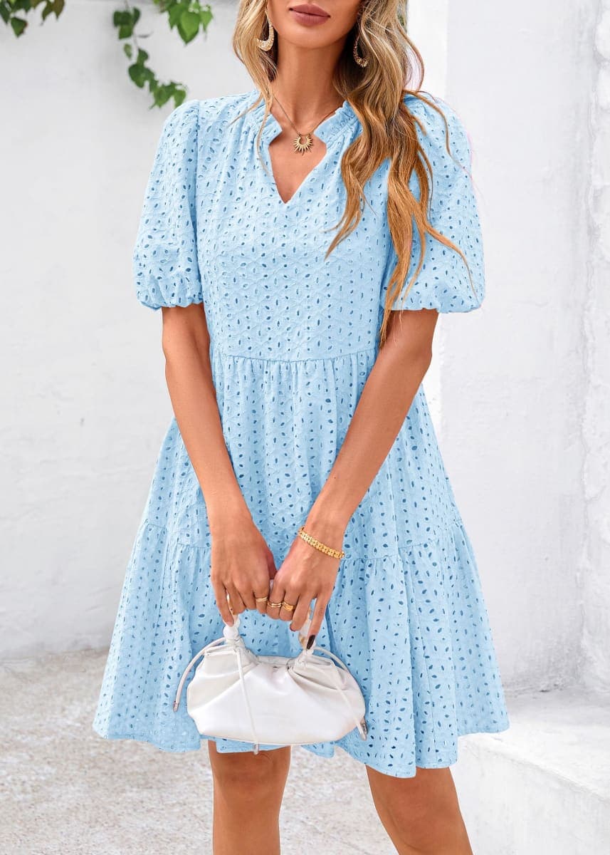 KIRUNDO Eyelet Summer Dresses for Women 2026 Mini Casual Hollow Out Short Sleeve Lace Tiered V Neck Shift Dress Pockets, Light Blue, Small thumbnail 3