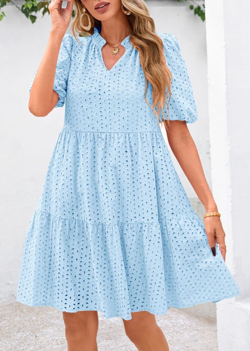 KIRUNDO Eyelet Summer Dresses for Women 2026 Mini Casual Hollow Out Short Sleeve Lace Tiered V Neck Shift Dress Pockets, Light Blue, Small thumbnail 4