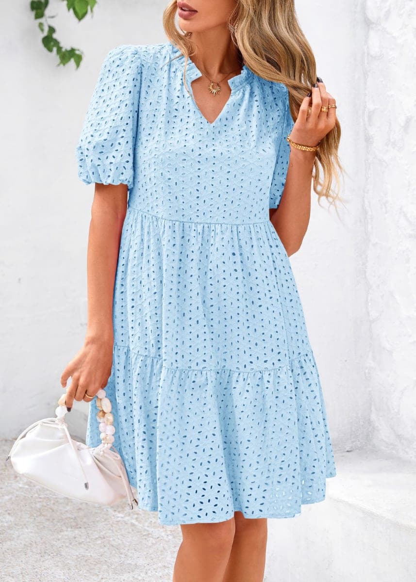 KIRUNDO Eyelet Summer Dresses for Women 2026 Mini Casual Hollow Out Short Sleeve Lace Tiered V Neck Shift Dress Pockets, Light Blue, Small thumbnail 5