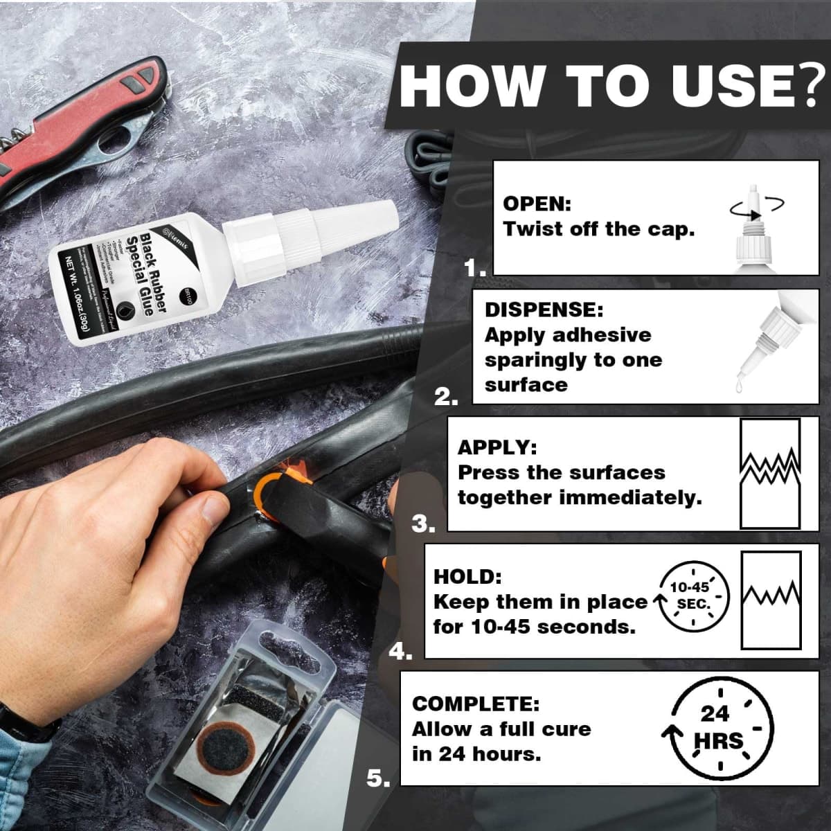 30g Black Rubber Glue, RC Tire Glue, Super Rubber Adhesive for Tire Repair, Rubber Edge Bonding, DIY Crafts, and More - Quick-Dry, High-Strength Rubber Patch Glue for Durable Bonding thumbnail 5