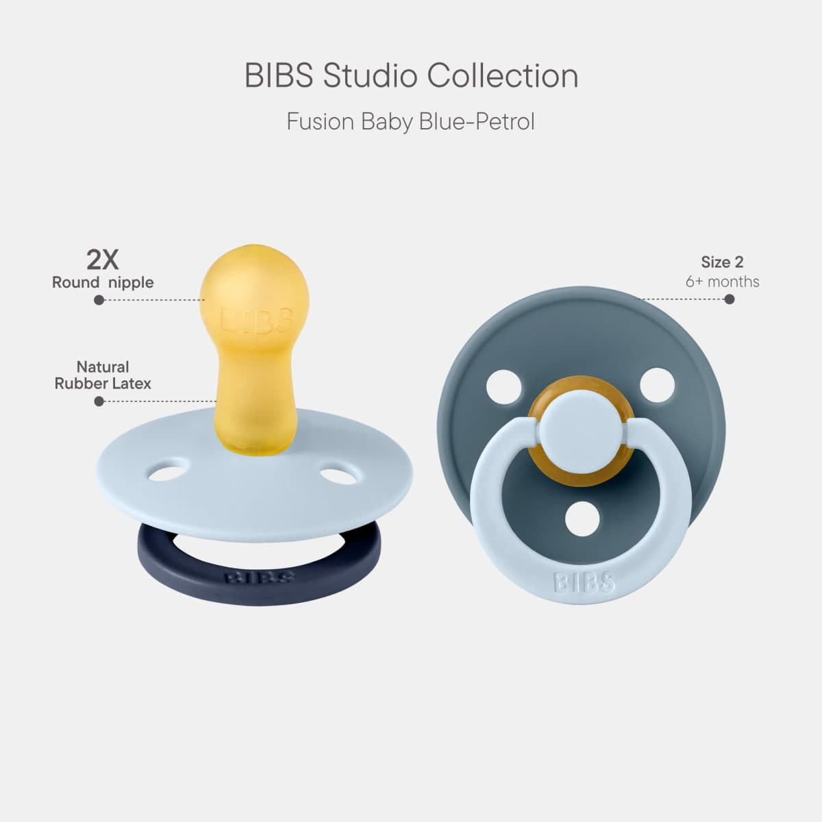 BIBS Pacifiers x Studio Fusion Collection | Natural Rubber Baby Pacifier | Set of 2 BPA-Free Latex Soothers | Made in Denmark (Baby Blue/Petrol | 6-18 Months) thumbnail 2