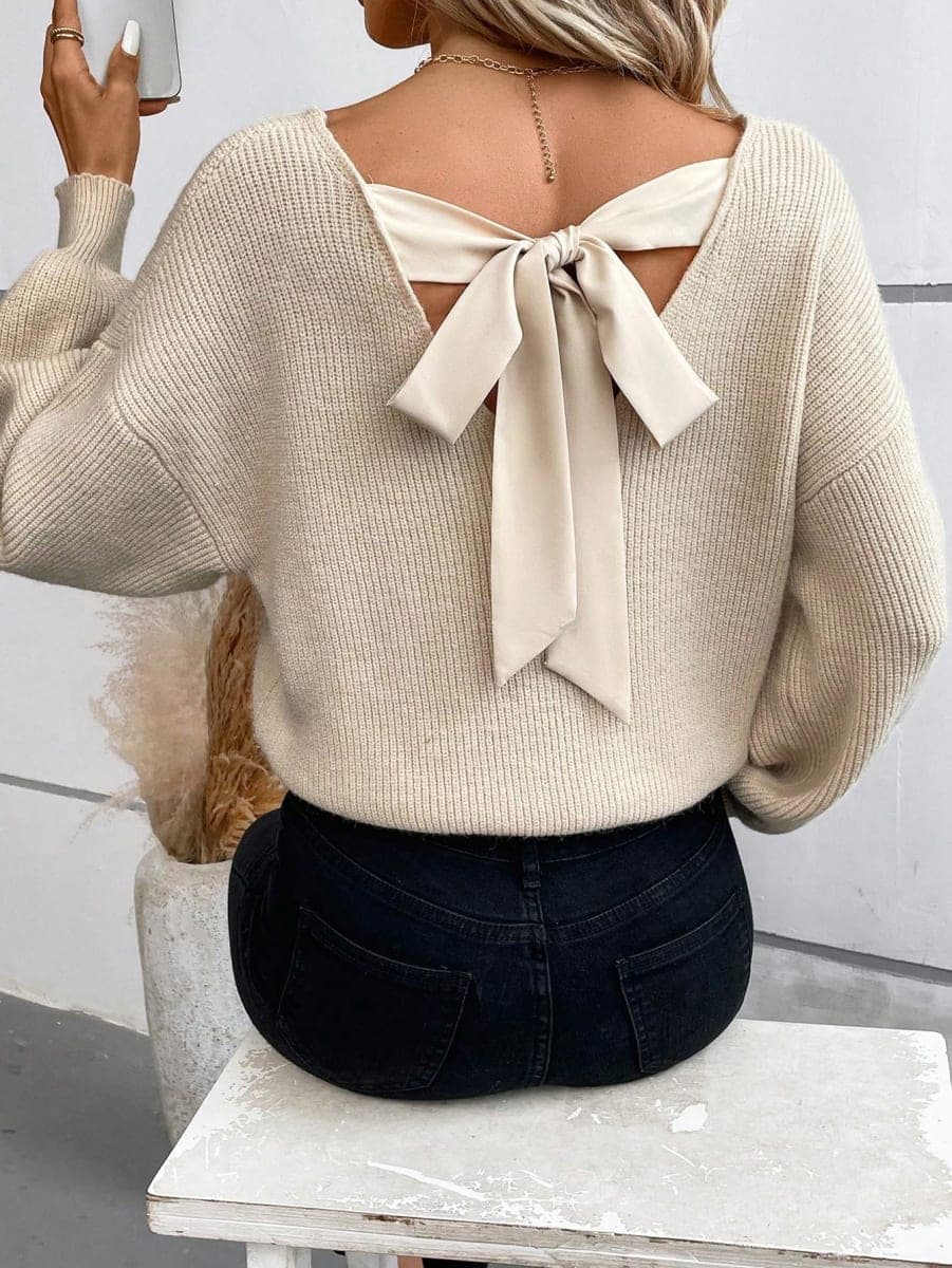 ZAFUL Women's Cropped Sweater V-Neck Long Sleeve Crop Sweater Pullover Jumper Knit Top, H-apricot, X-Large thumbnail 3