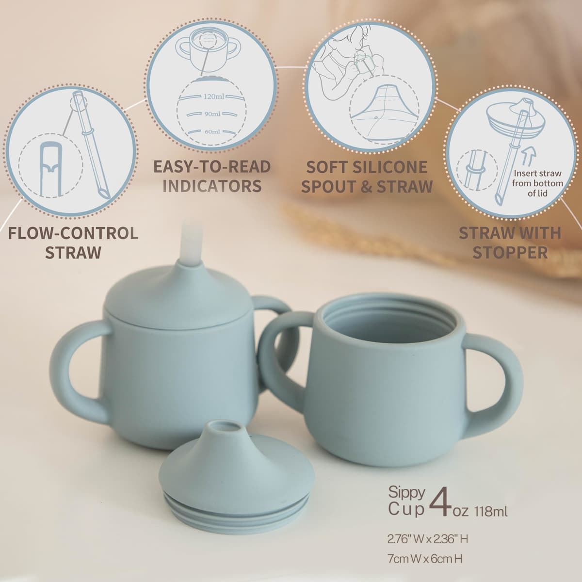 Moonkie Silicone Baby Sippy Cups | Straw Cup Baby | Toddler Cup with Straw | 3 Stages Training Cup for Baby Infants Toddlers and Kid, 4 oz(Ether) thumbnail 3