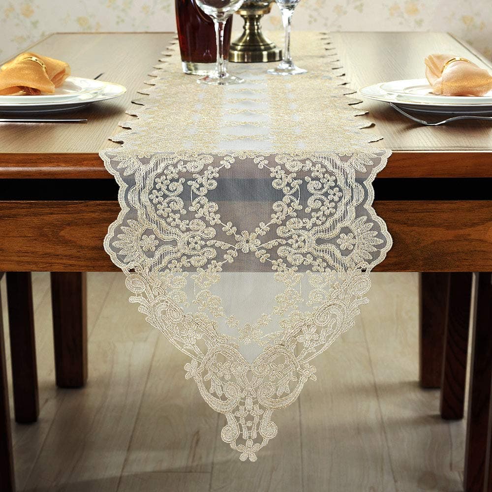 ARTABLE Light Gold Lace Table Runner Macrame Embroidered 12 x 84 Inch thumbnail 3