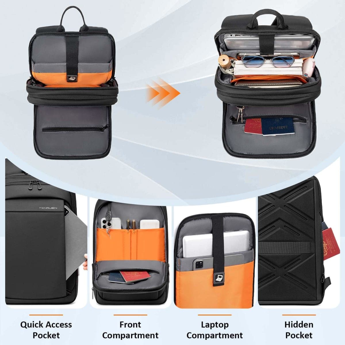 FENRUIEN Slim Laptop Backpack 15.6 Inch, Black, Black, Expandable, Business Backpack thumbnail 3
