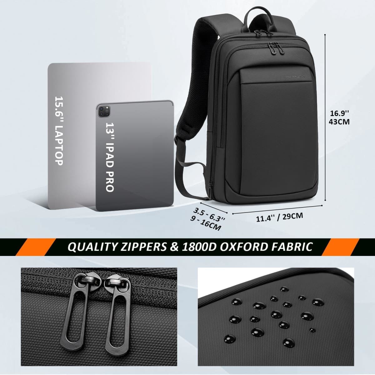 FENRUIEN Slim Laptop Backpack 15.6 Inch, Black, Black, Expandable, Business Backpack thumbnail 4