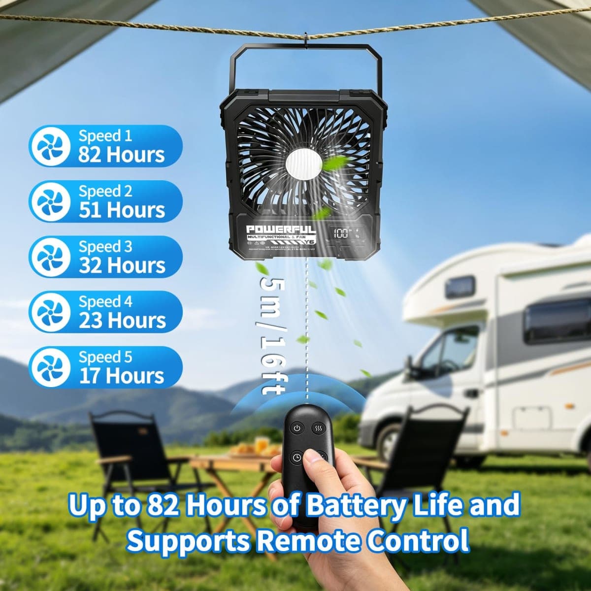 yAyusi 20000mAh Rechargeable Camping Fan, Ultra-Slim 8" Battery Powered Portable Travel Fan with Light&Remote, Maximum Battery Life of 82 Hours, Hook for Tent, Outdoor Home Patio Motorhome Travel thumbnail 3