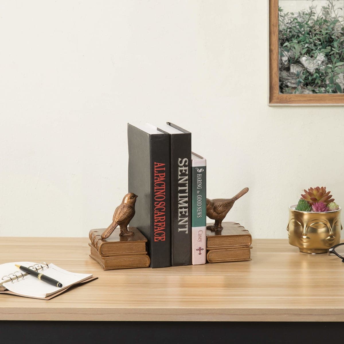 MyGift Gold Bird Bookends Decorative for Heavy Books, Brass Book Ends for Shelves, Vintage Resin Bookends, 1 Pair thumbnail 3