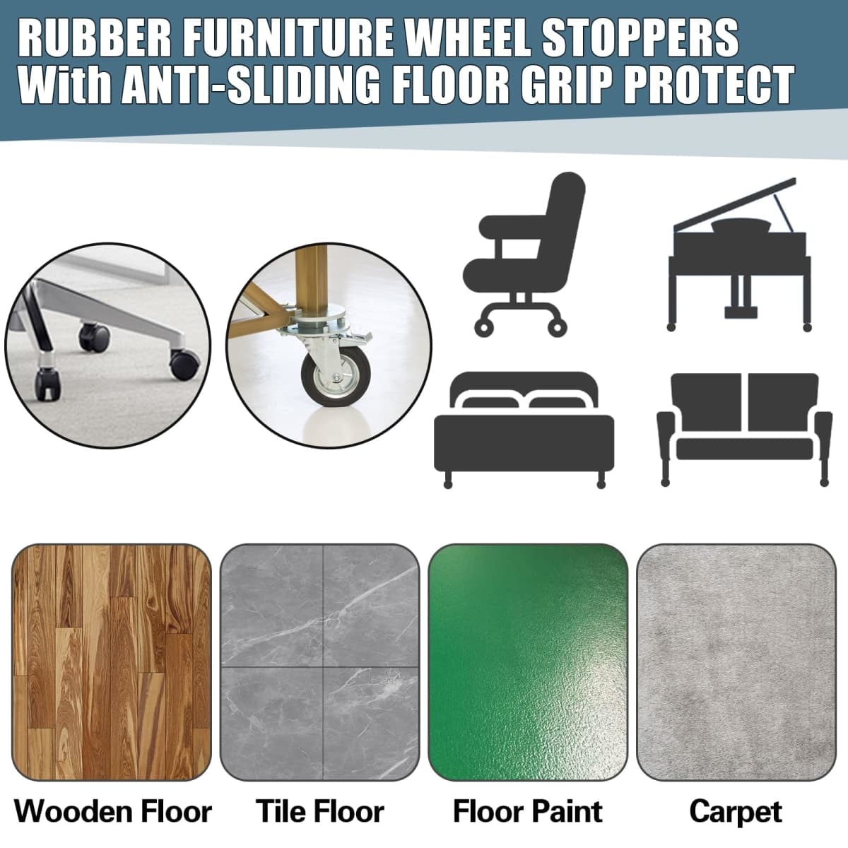 Zhulerzil Bed Stoppers to Prevent Sliding - 4 Pack Furniture Wheel Stopper for Hardwood Floor - Rubber Bed Frame Stop Caster Cups fit All Wheels of Furniture, Sofa, Chairs thumbnail 3