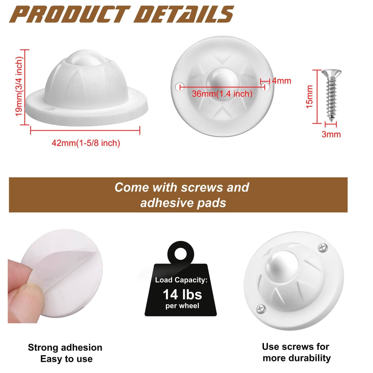 PlusRoc 8 Pack Self Adhesive Caster Wheels 1 Inch for Furniture, Load Capacity 28LBS Per Wheel, Low Profile Swivel Wheels for Small Appliance Storage Bins, Black thumbnail 2