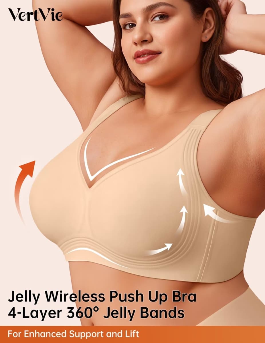 Vertvie Jelly Bras for Women Plus Size Minimizer Soft Wireless Push Up Bra Full Supportive Older Lift Back Coverage Bralette(Skin,42DD) thumbnail 2