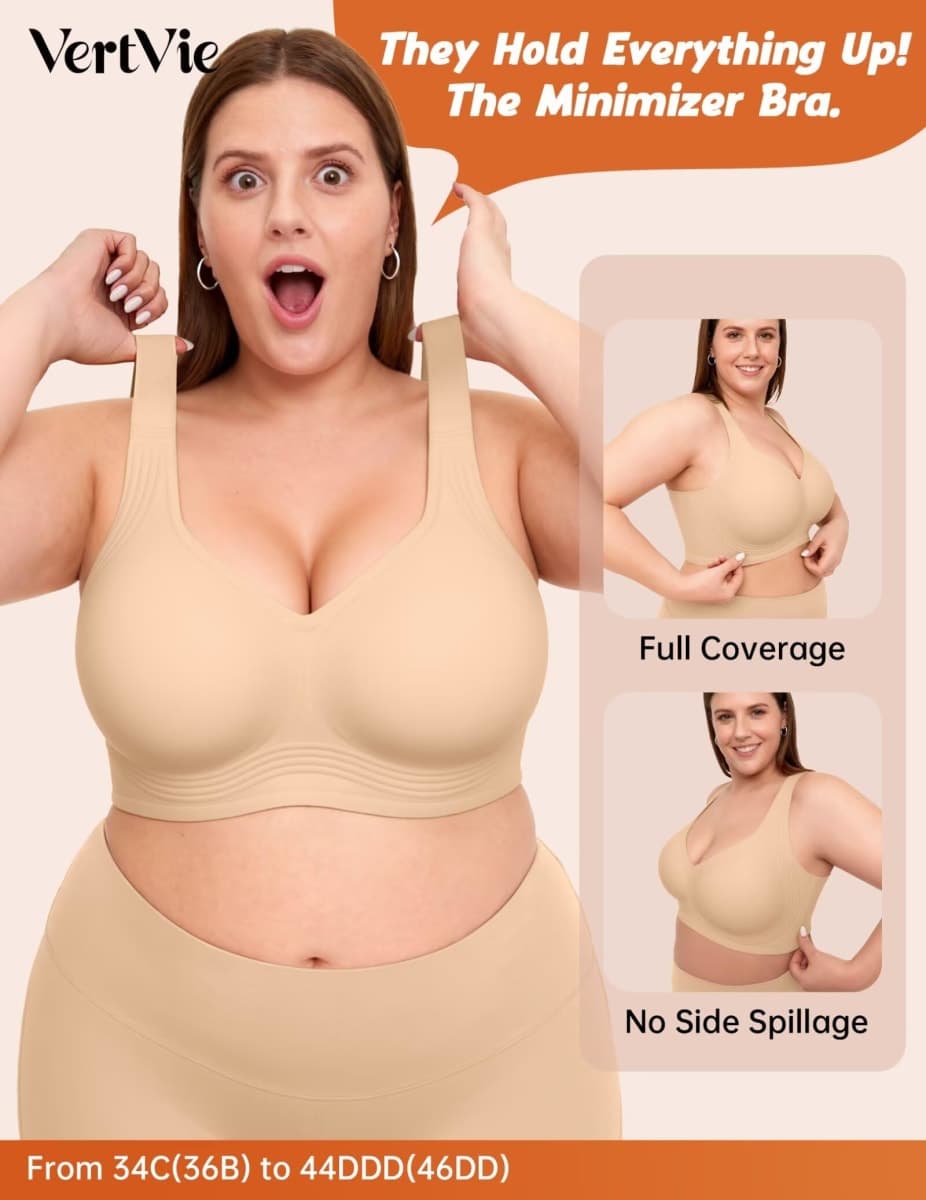 Vertvie Jelly Bras for Women Plus Size Minimizer Soft Wireless Push Up Bra Full Supportive Older Lift Back Coverage Bralette(Skin,42DD) thumbnail 3
