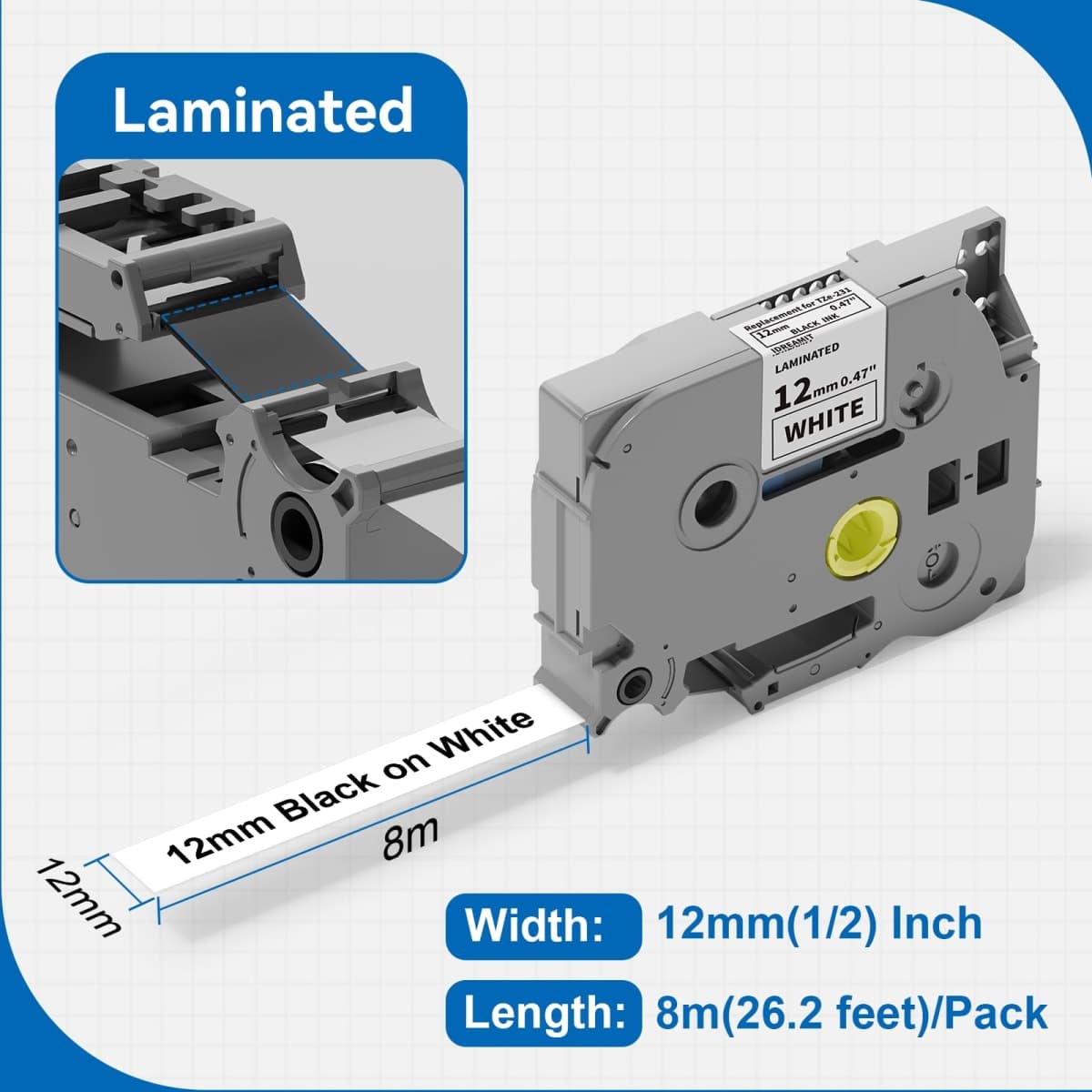 4pack Label Maker Tape 12mm 0.47 Laminated White, Replacement for Brother P Touch Label Tape TZe-231 TZe231 TZe TZ Tape, Compatible with PT-D210 D220 H110 D200 D400 D410 D610BT, 12mm x 8m thumbnail 2