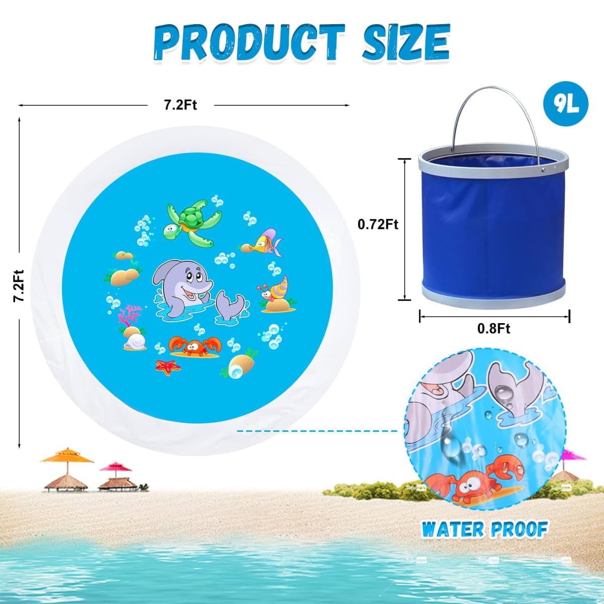 Giveuplay 7.2 X 7.2 Feet Baby Beach Pool，Kiddie Pool and Beach Blanket，2 in 1 Toddler Paddling Pool，Beach Toys for Infant Kids Boys and Girls with Portable Water Bag 9L thumbnail 2