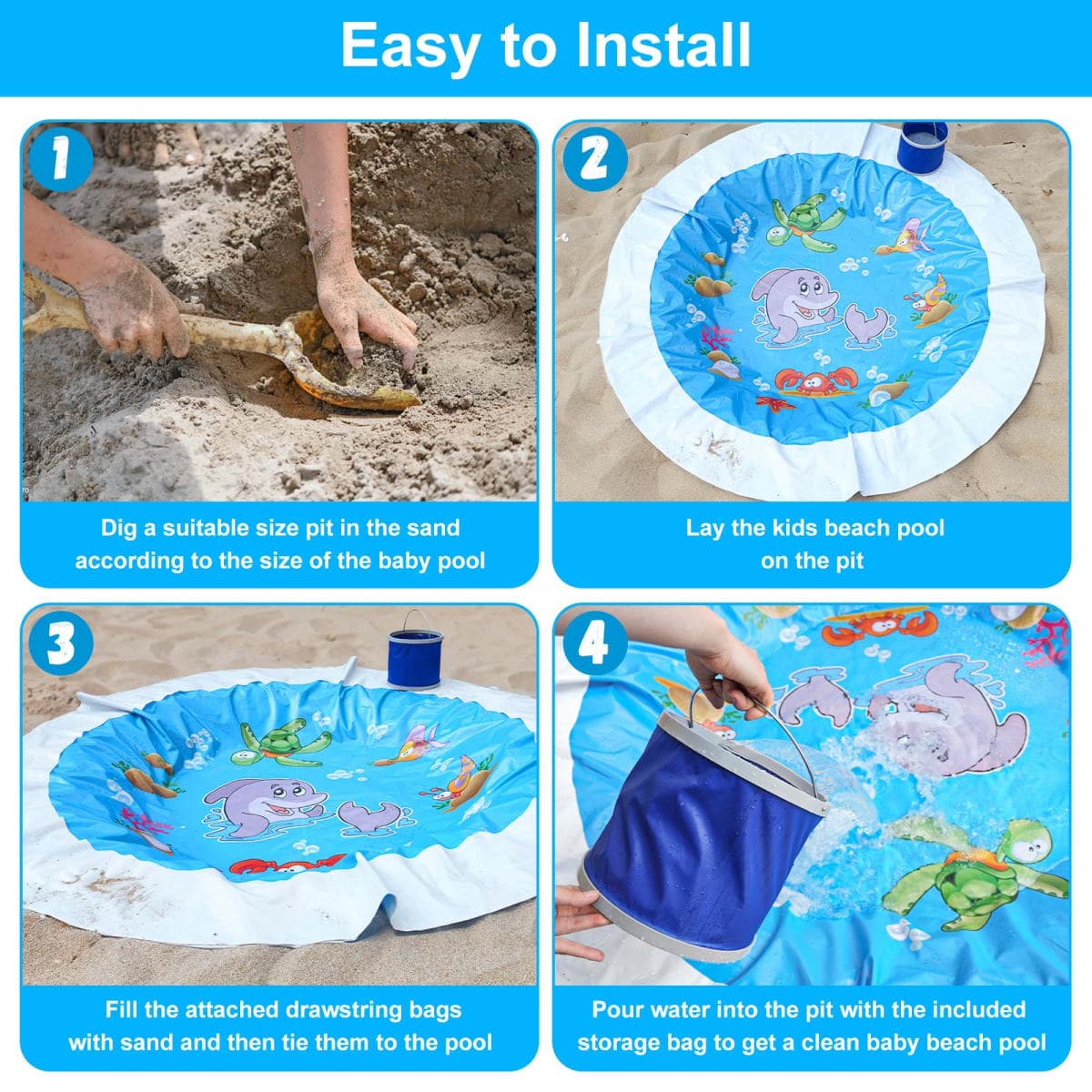 Giveuplay 7.2 X 7.2 Feet Baby Beach Pool，Kiddie Pool and Beach Blanket，2 in 1 Toddler Paddling Pool，Beach Toys for Infant Kids Boys and Girls with Portable Water Bag 9L thumbnail 3